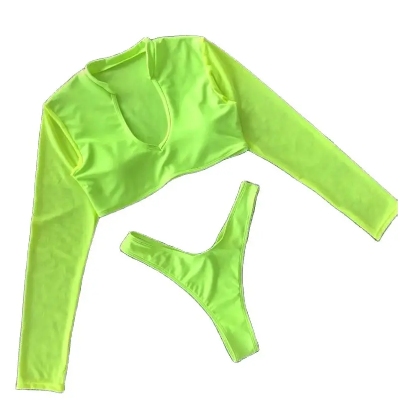 

Новинка лета 2021, Однотонный женский треугольный комплект бикини, купальник с длинным рукавом, сетчатая накидка