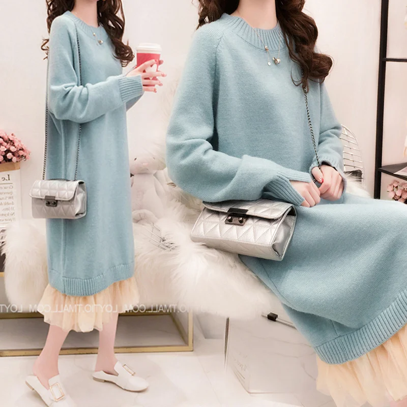

Moms Nursing Long Dress Autumn Winter Breastfeeding Maternity Nursing Knitted Sweaters Dress for Pregnant Women Patchwork Dress