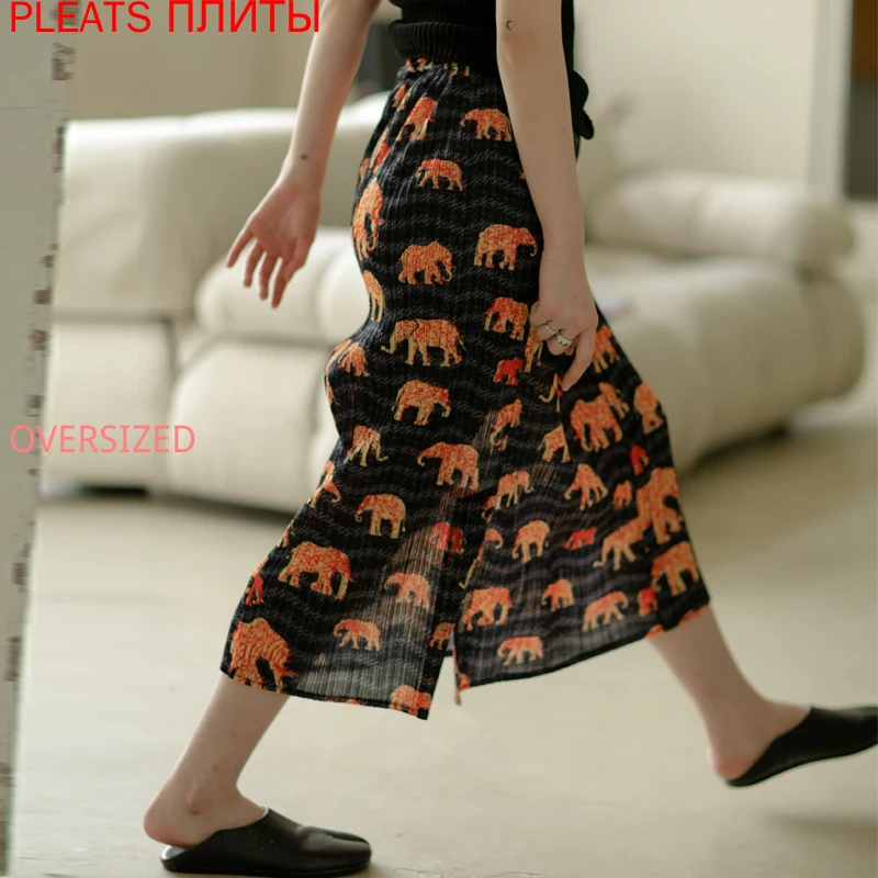 

MIYAKE Pleated Skirt Printed Slit Four Seasons Niche Design PLEATS Faldas Ropa Mujer Saias Longas Jupe Longue Femme