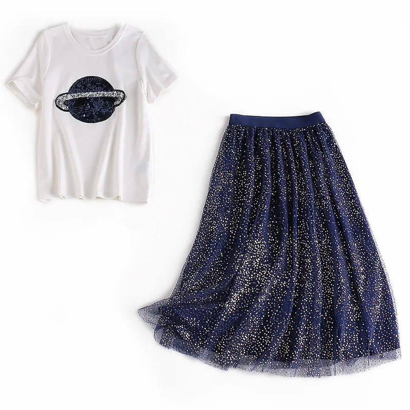 

Summer Tracksuit Woman 2 Two Piece Set White Print T-Shirt And Sequins Mesh Navy Blue Skirt Suits Sweet Elegant Fashion Clothing