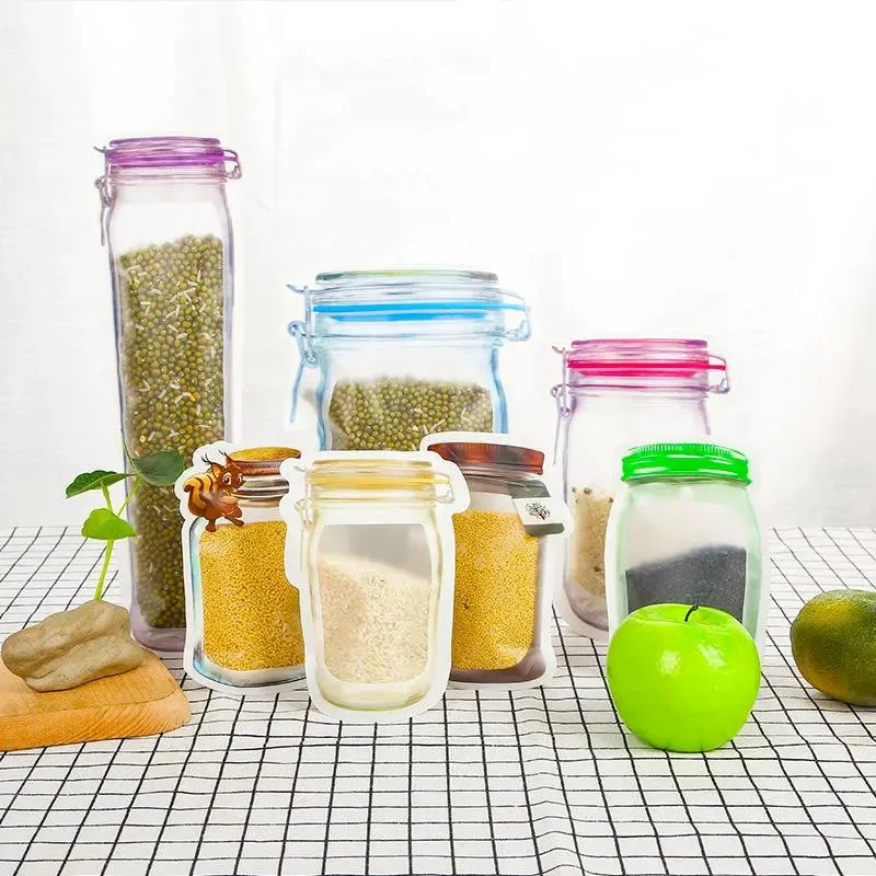 

2021 Reusable Mason Jar Bottles Bags Nuts Candy Cookies Bag Seal Fresh Food Storage Bag Snacks Zipper Sealed Kitchen Organizer