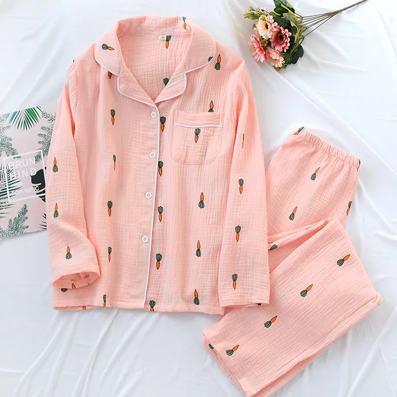 

Japanese Style Pajamas for Women Autumn Nightwear Long Sleeve Cotton Pyjamas Women Gauze Thin Carrot Print Pijama Pink Homewear