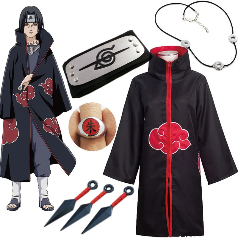 

Uchiha Itachi Full Cosplay Costume Akatsuki Cloak Headband Necklace Ring Halloween Costume for Men Kids Height 135cm-185cm