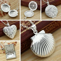 new fashion jewelry heart shaped mesh flower photo frame 925 pure silver color cupper alloy chain necklace drop shipping