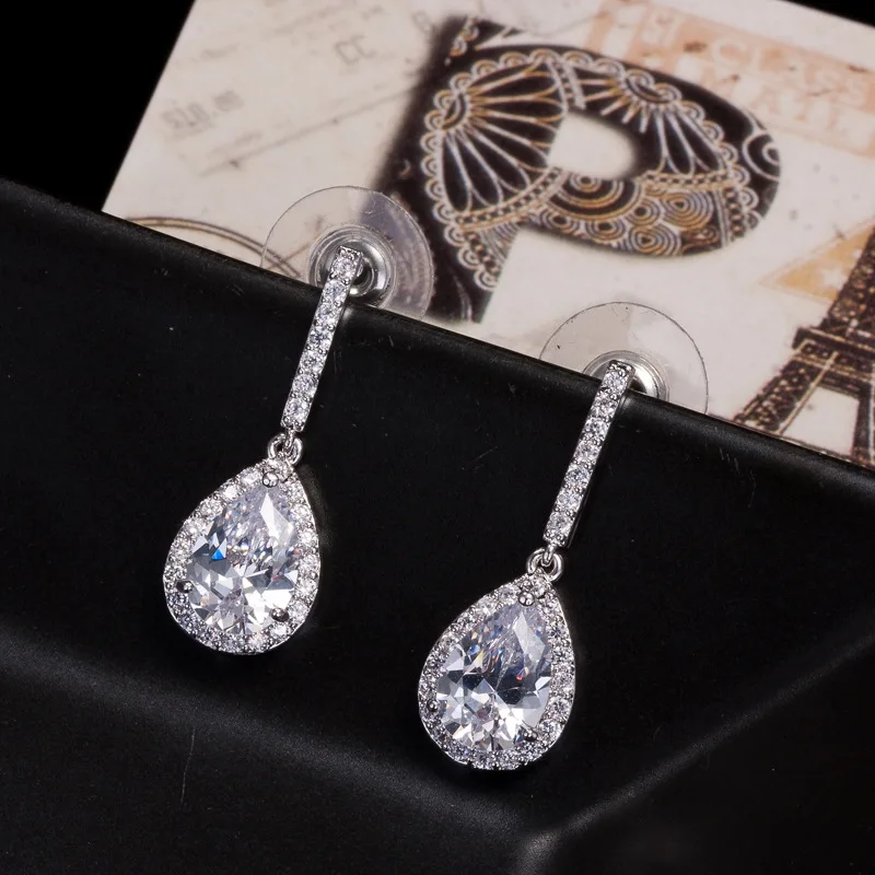 Серьги капли с белым кубическим цирконием для невесты длинные серьги подвески
