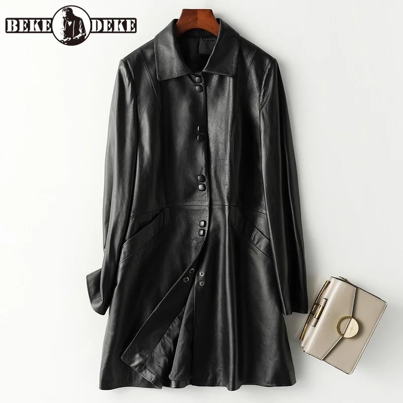 

Женский длинный жакет из натуральной кожи, черное однобортное пальто из овечьей кожи, элегантное офисное пальто для весны