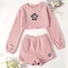 40 # Женская фланелевая Kaiwaii женские комплекты с цветочным принтом, с круглым вырезом, пуловер с длинным рукавом кроп топ + шорты комплекты сохраняет тепло в Зимний комплект