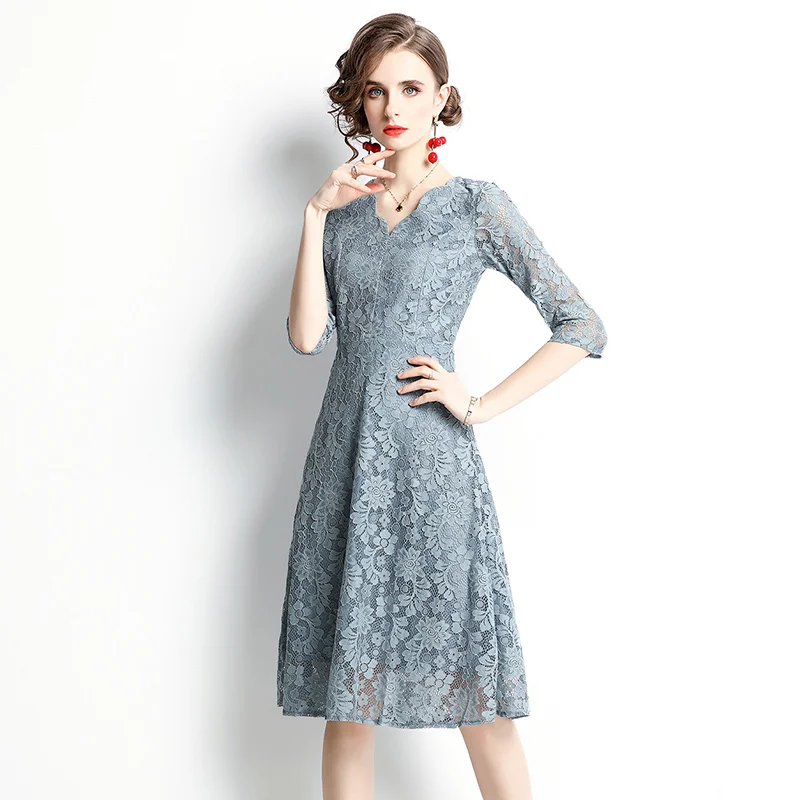 

Simgent Women Lace Dress V-Neck Three Quarter Sleeve A Line Elegant Floral Hollow Out Dresses Robe Dentelle Vestidos SG1961