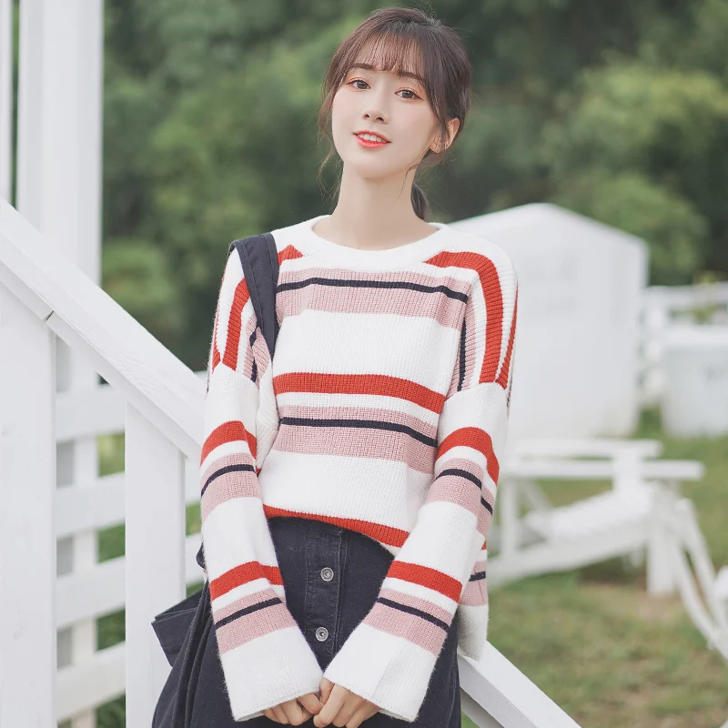 

Chic Khaki 2020 New Autumn and Winter Student Retro Long-Sleeved Sweater Mixed Color Stripe Idle Style Bottoming Sweater for