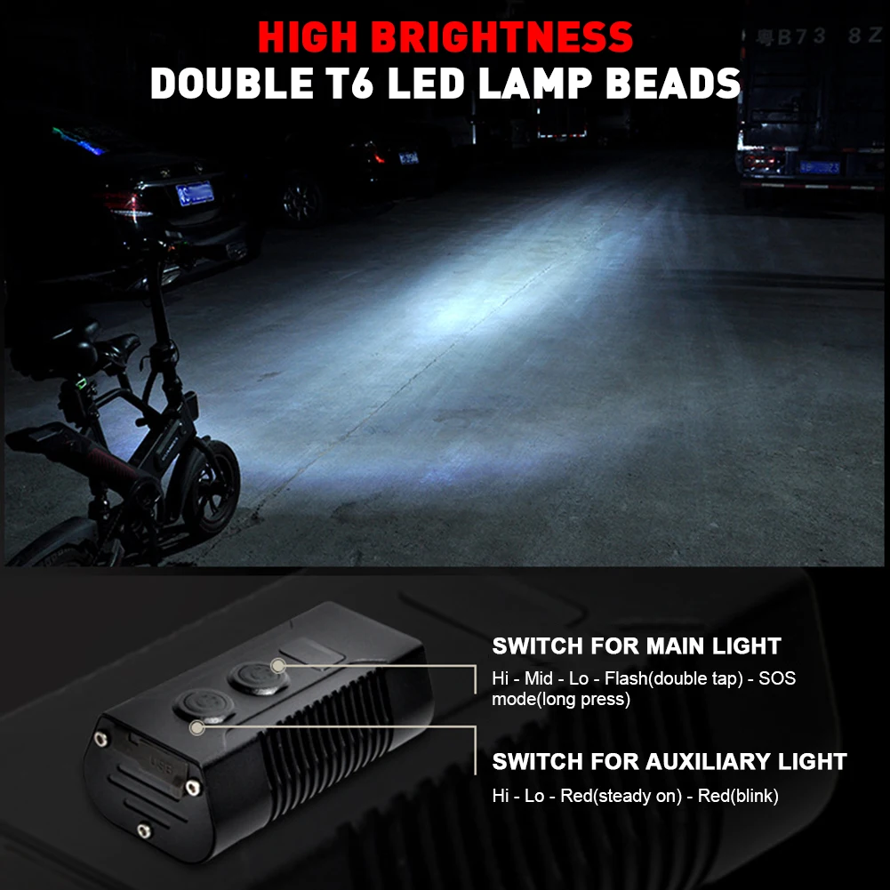 

Bicycle Headlight Rechargeable LED Bike Lights 2 Light Sources, 9 Lighting Modes with Digital Display
