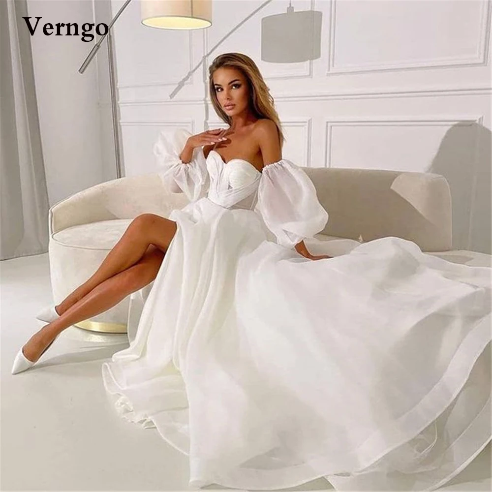 

Verngo Modern A Line Organza Wedding Dresses Sweetheart Puff Long Sleeves Sweep Train Bridal Gowns Robe de mariage