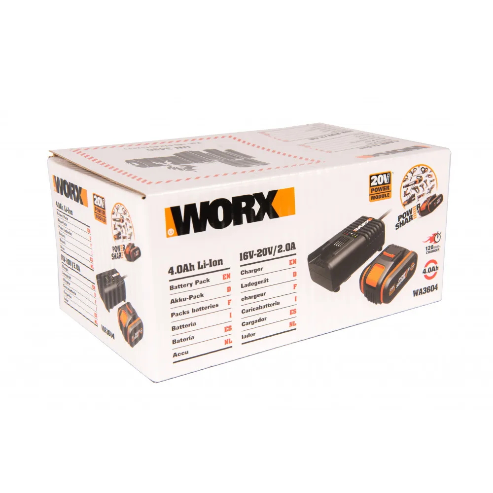Комплект WORX WA3604: аккумулятор 4А*ч 20В и зарядное устройство 2А