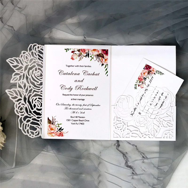 10 шт Свадебные Пригласительные открытки с конвертом цветочный узор Лазерная