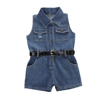 2020 summer sweet toddler baby girls denim romper overalls blue sleeveless pocket button jumpsuit with belt summer playsuit 2 7y