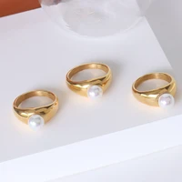 2021 ins hot 18k gold plated stainless steel simple fashion pearl dome finger ring for women grils trendy jewelry gift