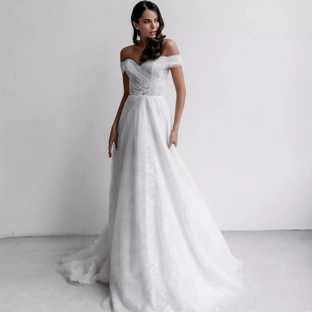 

Strapless Off-The-Shoulder A-Line Wedding Dresses Floor-Length with Puffy Tulle Sleeveless Vestido de novia свадебное платье