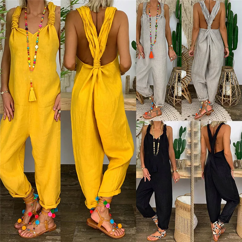 

2020 Fashion Casual Summer Women Bib Cargo Loose Hip Hop Harem Solid Jumpsuit Romper Plus Size