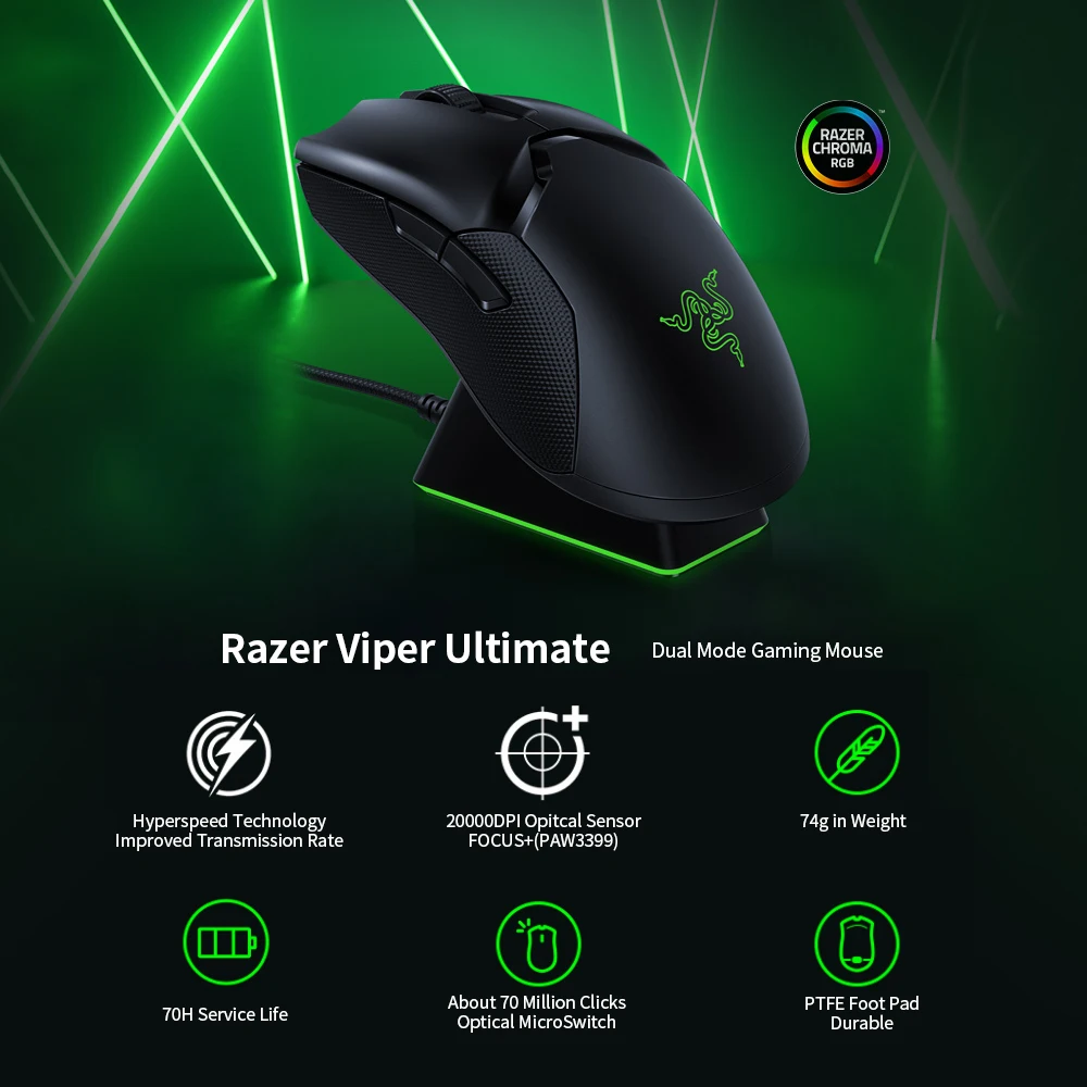 Беспроводная игровая мышь Razer Viper Ultimate Hyperspeed Lightest с оптическим датчиком