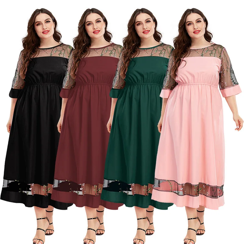 

Plus Size Women Casual Dress Elegant Lace Stitching Summer Dress 2021 New Short Sleeve Beach Dresses Large Size Women Clothing