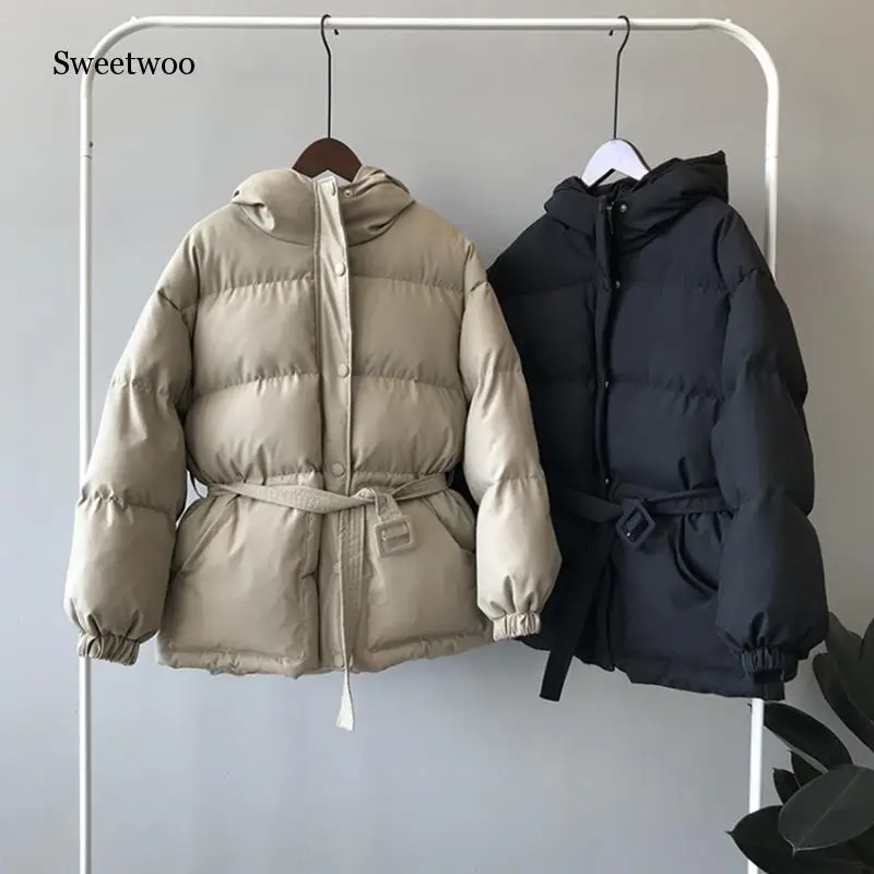 Jacket Women Streetwear Cotton Padded Winter Warm Coat Female Black Parkas with Sashes Korean Style Womens Clothing