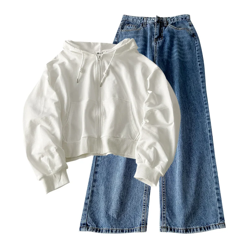 Женский джинсовый костюм в стиле ретро с высокой талией и широкими штанинами