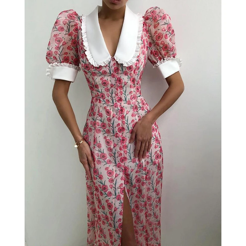 

Women Elegant Brand Clothes Sexy Deep V Print Waist Fashion Retro Puff Sleeve Slim Button Ruffles Print Long Dress