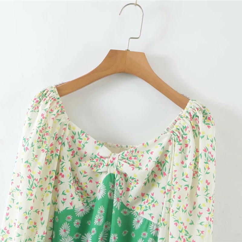 

Sukibandra Autumn Vintage Long Sleeve Patchwork Green Floral Woman Dress Elegant Fall Cottagecore Women Chiffon Midi Dresses
