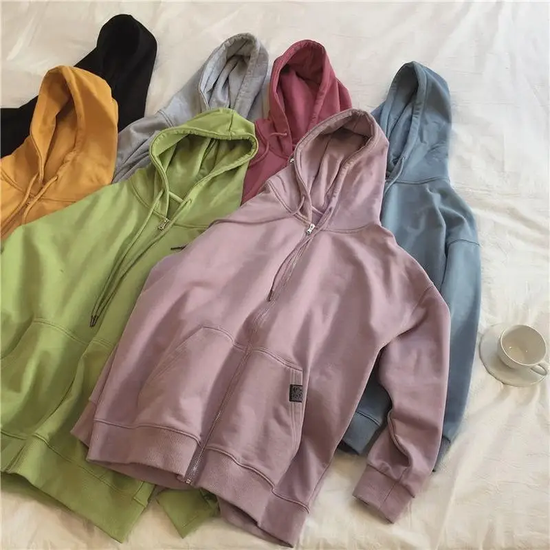

ZITY Harajuku With Hat Hoodies Women Zipper Kangaroo Pocket Casual Loose Solid Color Sweatshirt Female 2020 Fashion New Fem