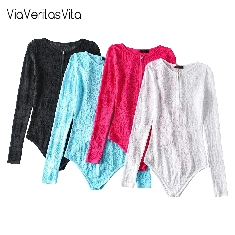 

Long Sleeve Womens Sexy Bodysuits Black Fushia Blue Lace Summer Playsuits Zipper Up High Waist Skinny Korean Bodysuits Y2K 2021