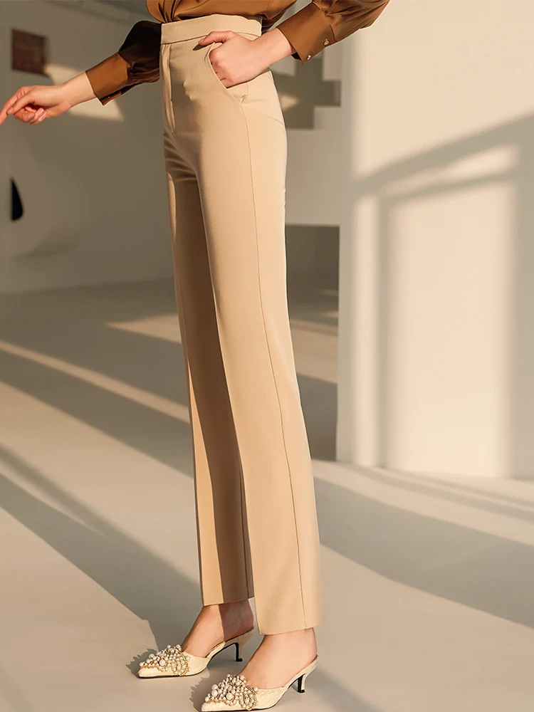 HARLEYFASHION Women Spring New Temperament Apricot Quality Straight Trousers High Waist Professional Slim Suit Pants