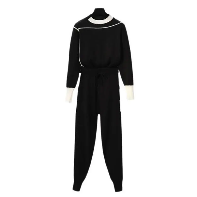 

2020 Autumn Runway 2 Pieces Set Knitted Long Sleeve Pullovers Sweater Casual Patchwork Knit Jumper Tops and Pants Suits