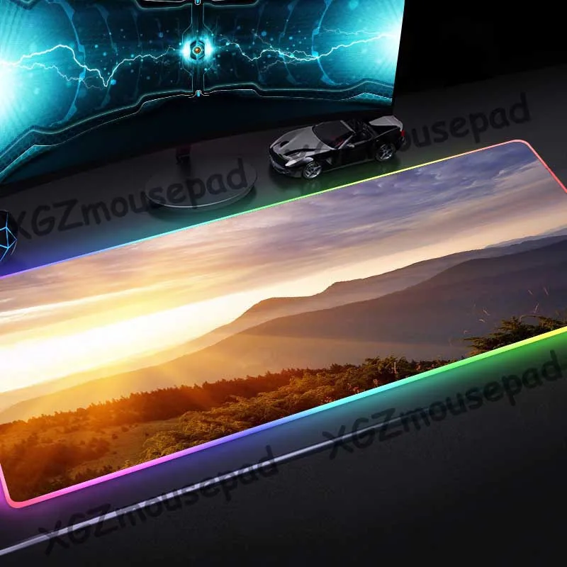 

XGZ Natural Beautiful Scenery Sunset Mountains HD Custom Large RGB Mouse Pad Black Lock Edge Computer Desk Mat Rubber Non-slip