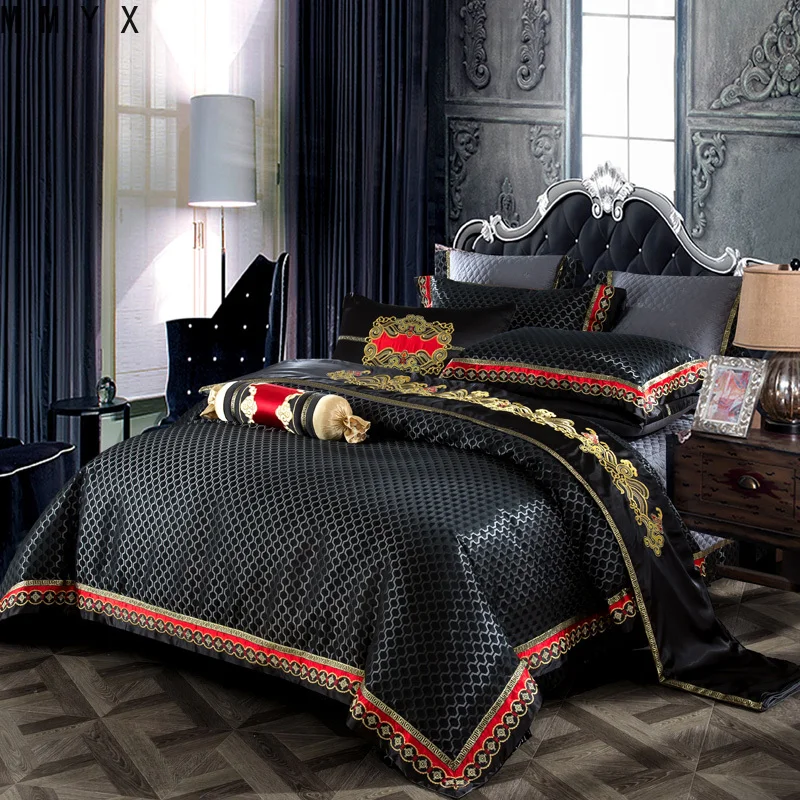 

Luxury Royal Queen Bedding Set Blue Black Silk Satin King size Bed set Bed Sheet Bed spread set Pillowcase Duvet cover