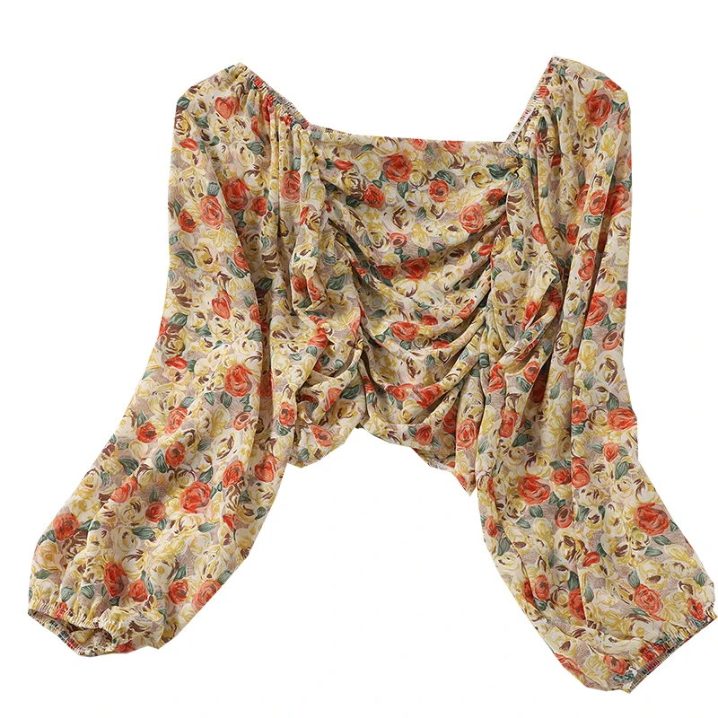 

sweet temperament chiffon shirt versatile layers of pleated floral top Korean comfortable one line collar shirt