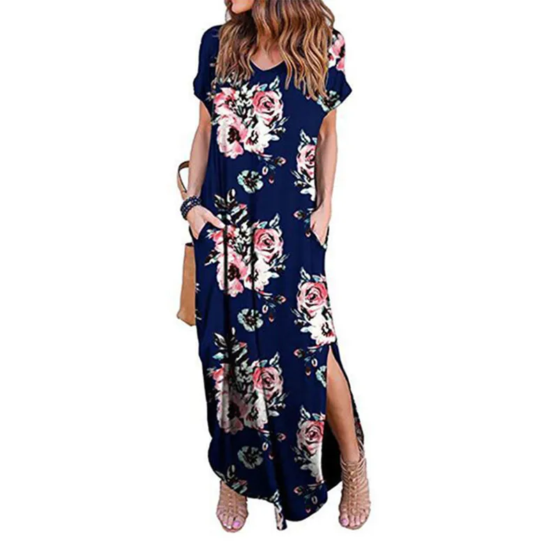 

Elegant Boho Floral Maxi Dress Summer Women V-Neck Short Sleeve Irregular Hem TShirt Long Dresses Casual Beach Dress Vestido New