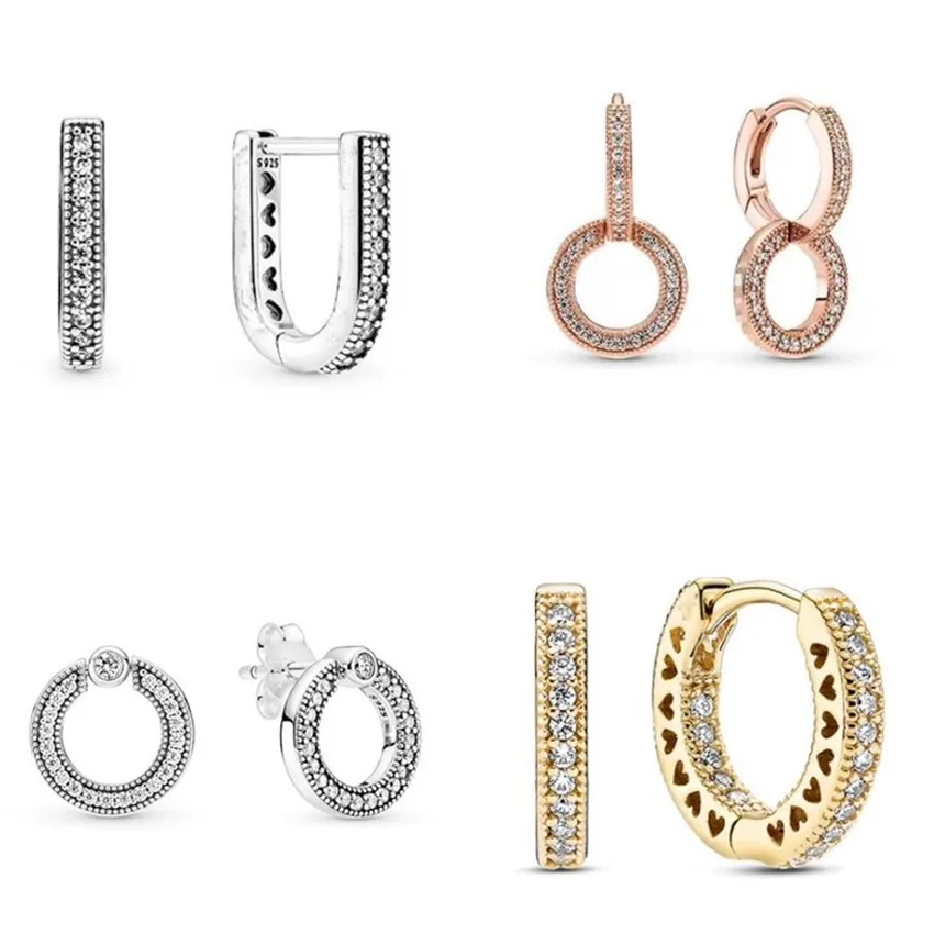 

Authentic 925 Sterling Silver Pave & Logo Circle Reversible Stud Earrings For Women Wedding Gift Fashion Jewelry