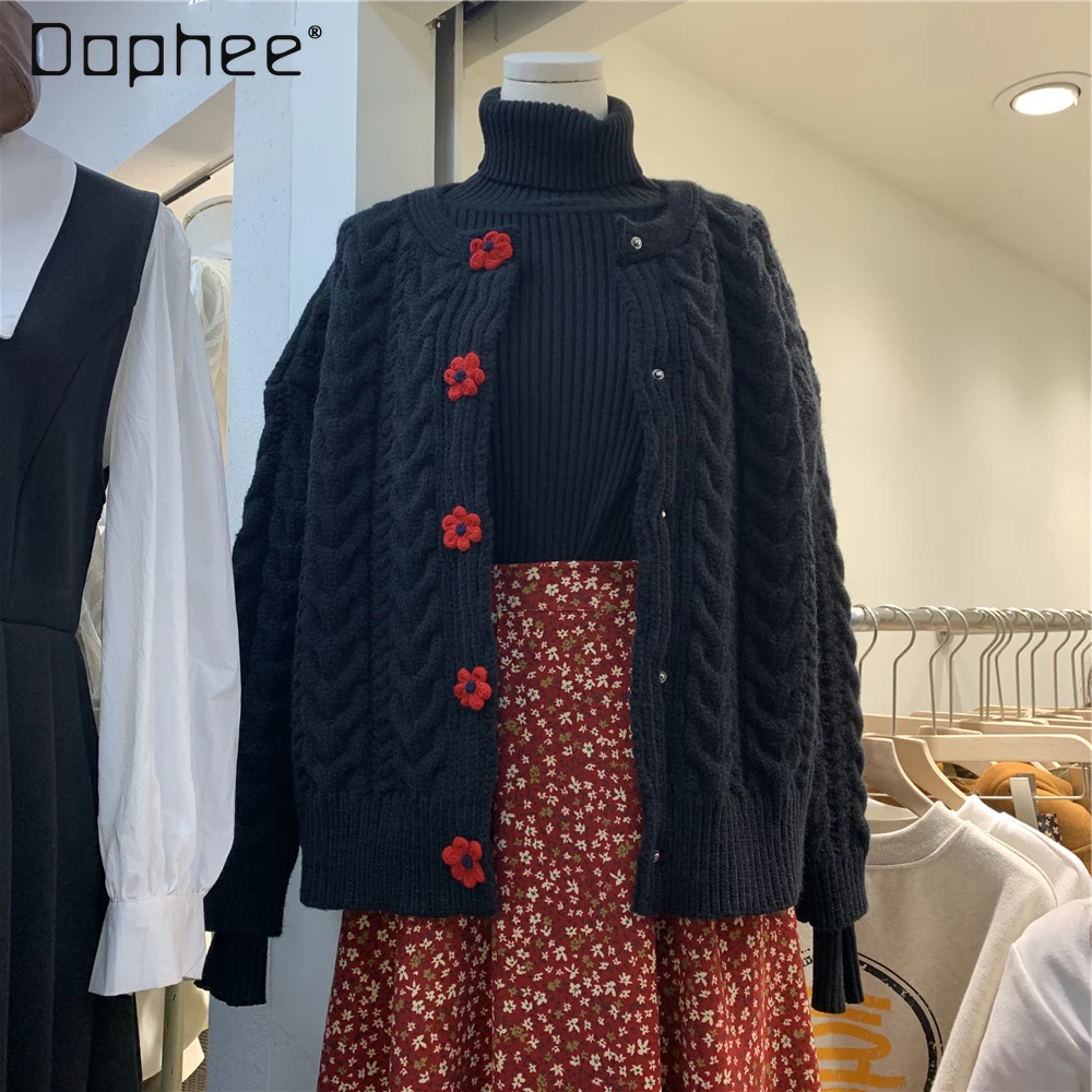 

2021 Spring New Fashion All-Match round Neck Flower Button Knitted Cardigan Sweater Coat for Women