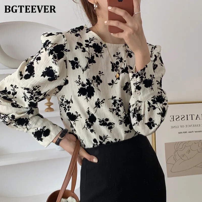 

BGTEEVER Vintage Chic Floral Women Blouses Shirts Stylish O-neck Loose Female Pullover Tops 2021 Spring Long Sleeve Blusas Mujer