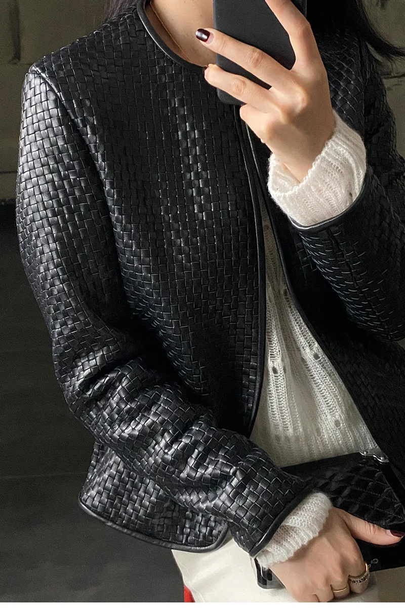 Autumn/winter 2021 new fashionable BV natural sheepskin cpats woven dress women round-neck cardigan plaid genuine leather jacket