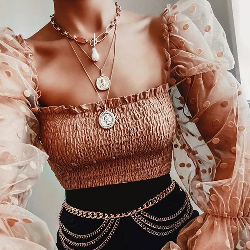 

2021 Spring Mesh Puff Sleeve Women's Blouse Off Shoulder See Through Dot Female Blouses Summer Sexy Casual Fashion Ladies Top