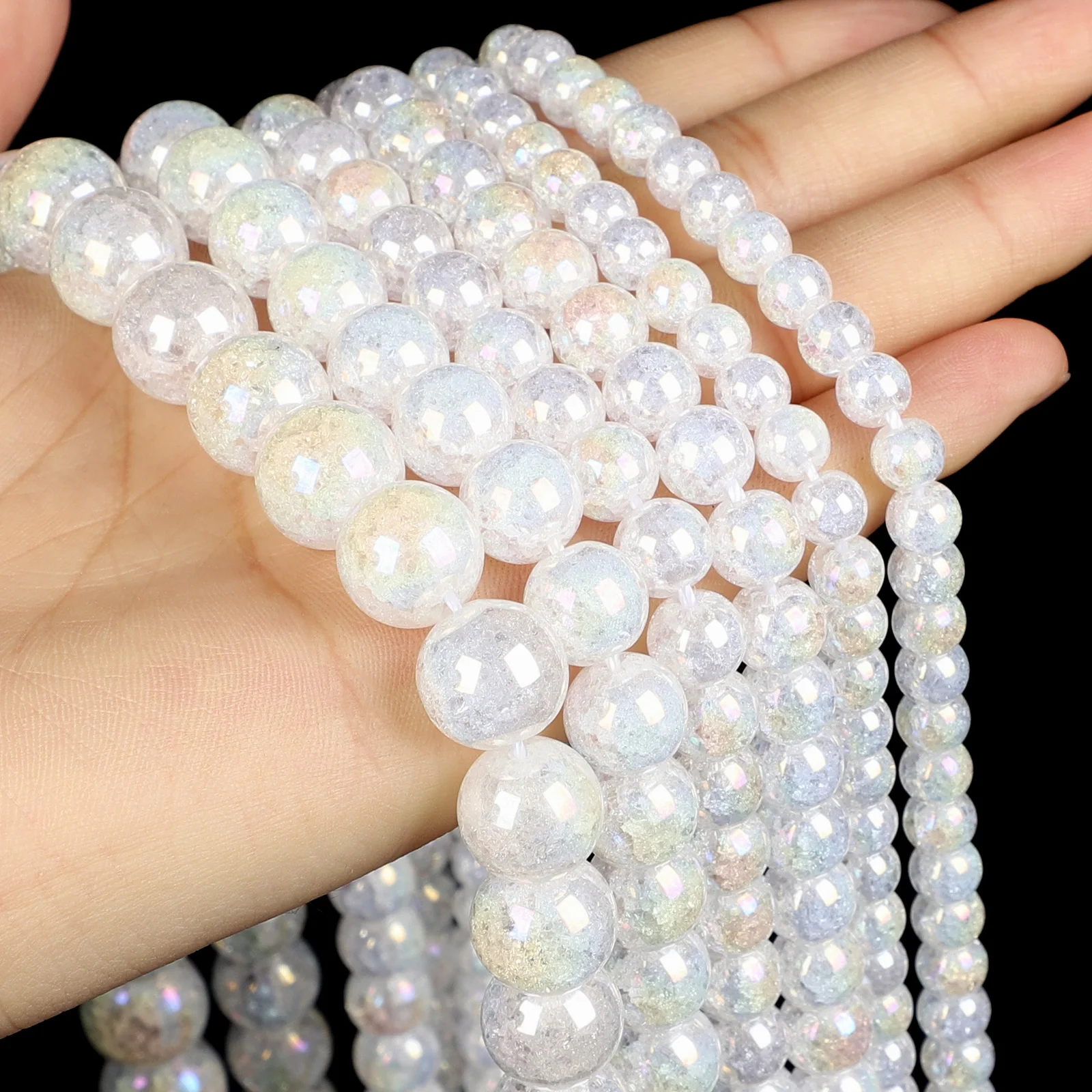 15&quotStrand Smooth White AB Round Cracked Crystal Stone Beads Loose Spacer For Jewelry Making Bracelet Neck 6-12mm | Украшения и