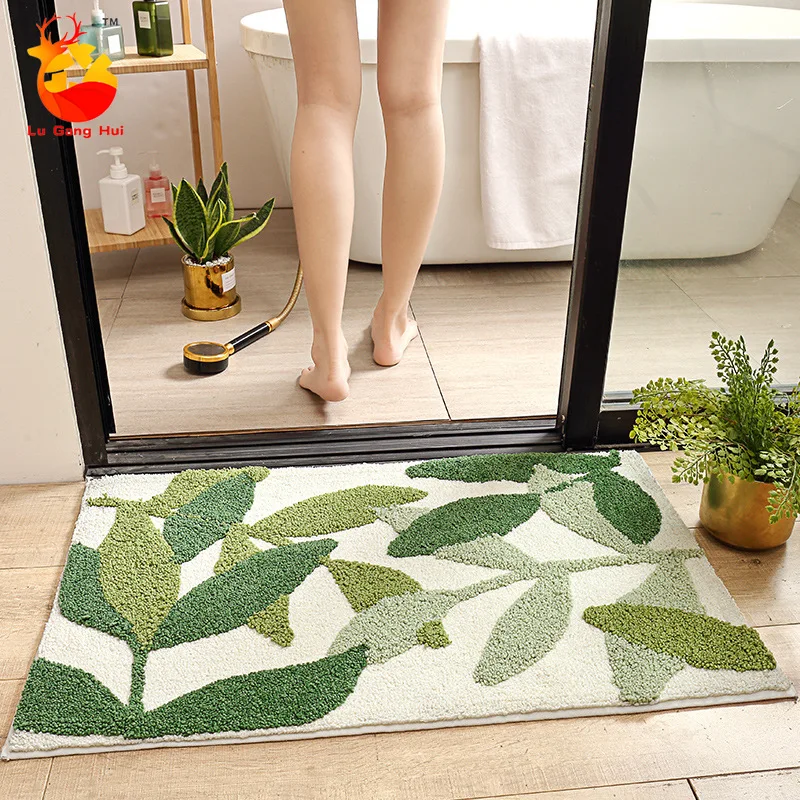 

Green Leaves Thickened Flocking Door Mats Household Non-slip Door Mats Bathroom Absorbent Foot Mats