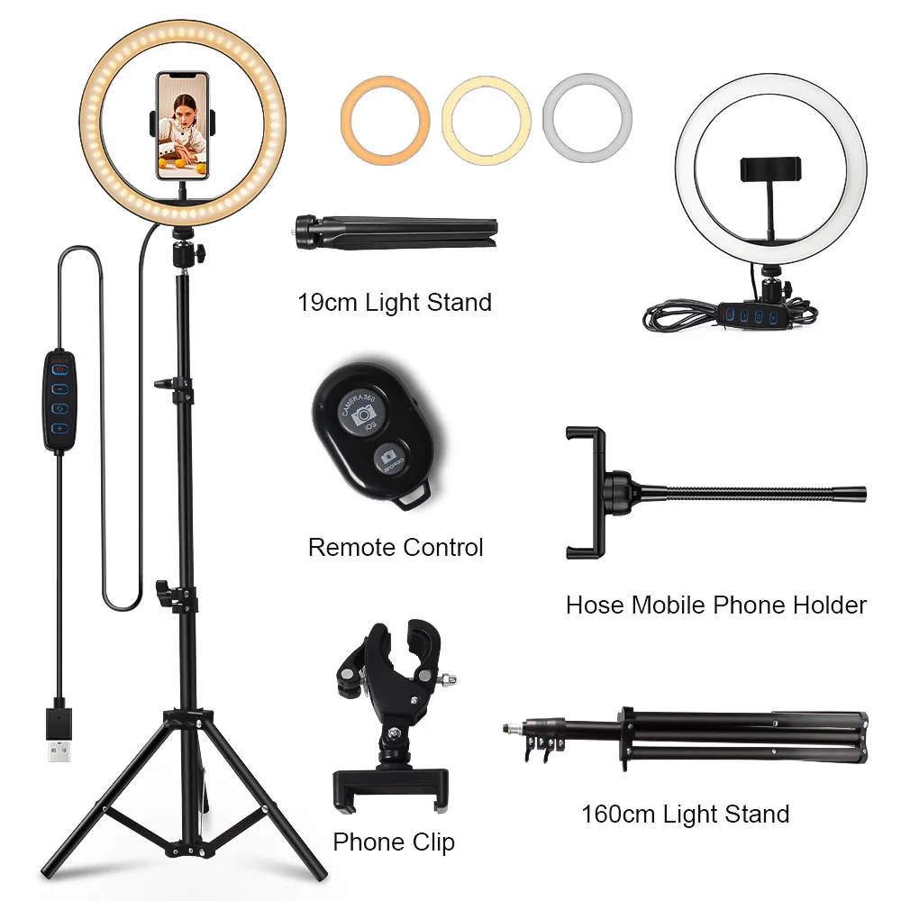 10 inch Ring Led Light Tripod 50-210Cm Selfie Lamp With Stand Phone Holder Photography Lighting For Youtube Makeup | Электроника
