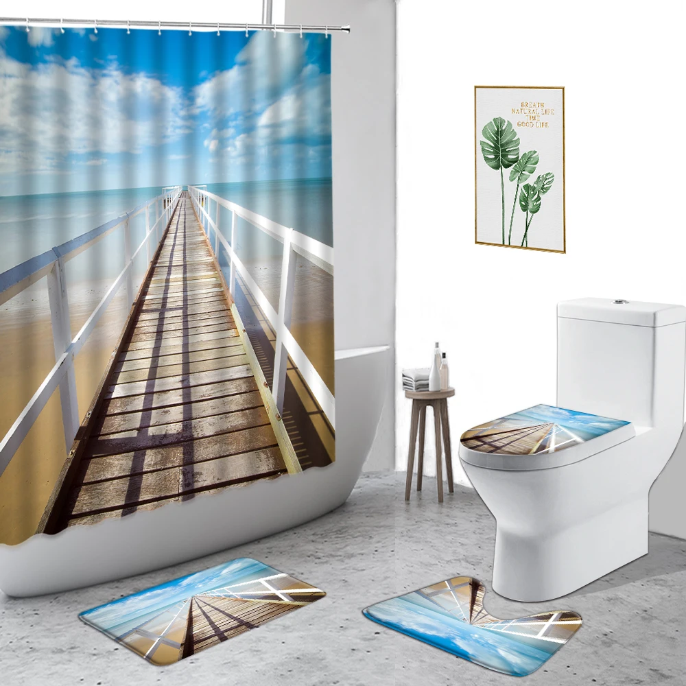 Занавеска для душа с изображением заката лета пляжа пальмы досок дороги