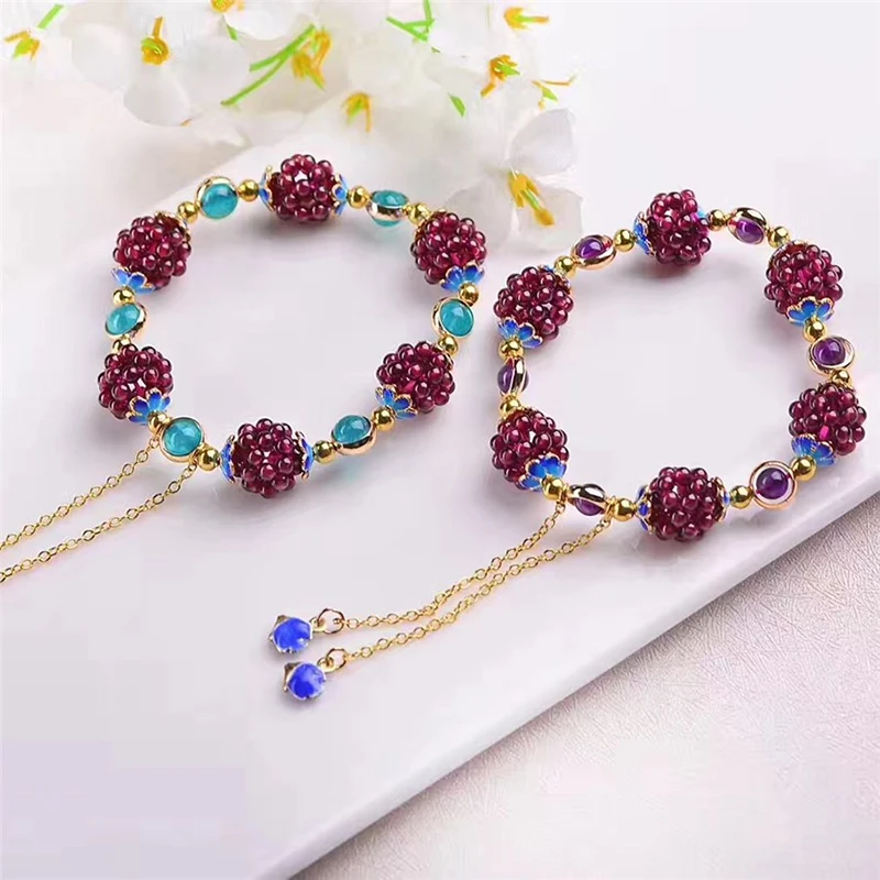 Multi-Circle Pomegranate Crystal Charming Bracelet Fine Jewelry For Women Bohemia Cute Natural Garnet Stone Ethnic Bracelet