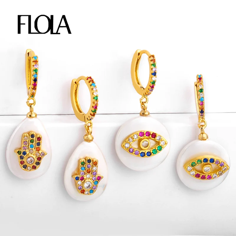 FLOLA Rainbow Fatima Hand серьги с барочным жемчугом турецкие для глаз Huggies 24K золото Радуга
