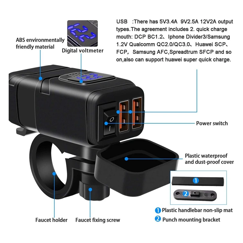 

Waterproof Motorcycle Dual USB Fast Charger Port Power Adapter Voltmeter & On/Off ,for Phone Gps Tablet Etc