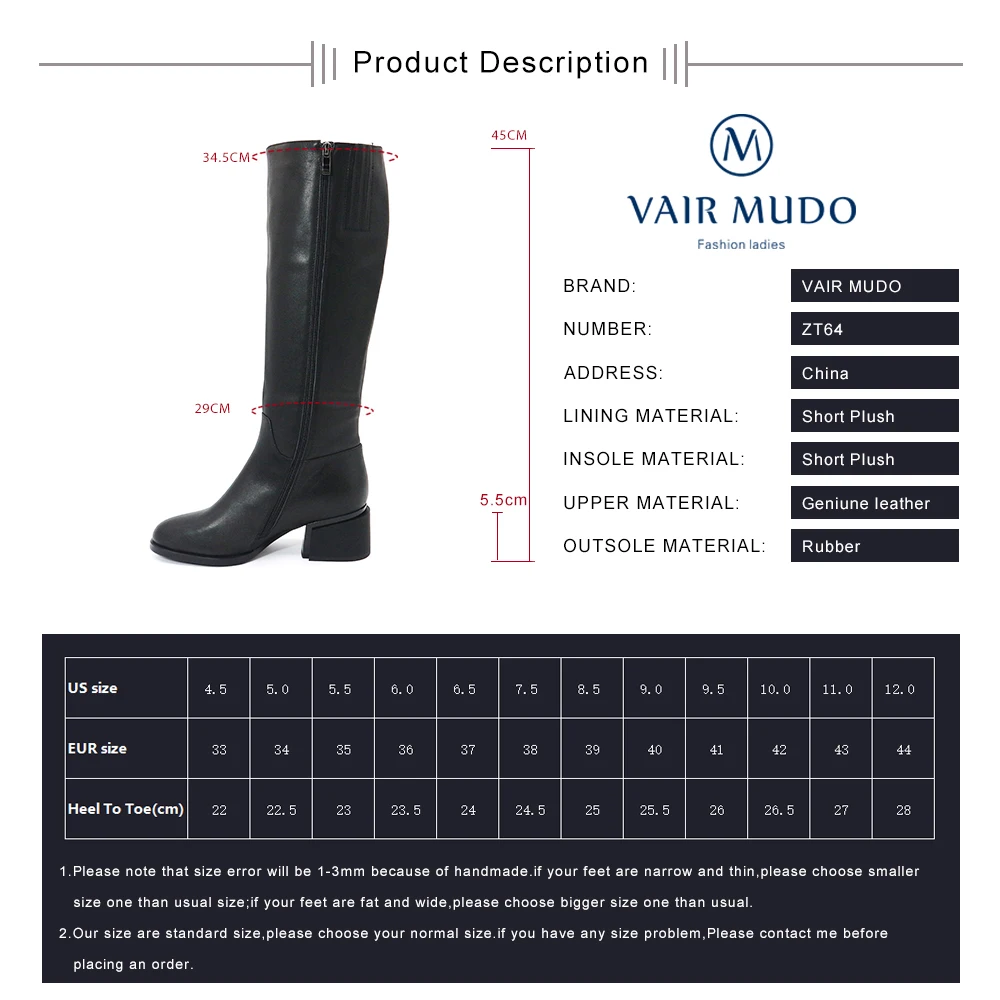 

VAIR MUDO Boots Shoes Women Genuine Leather Fashion Thick Heels Knee-High Boots Metal Decoration Adult Basic Winter Shoe ZT64