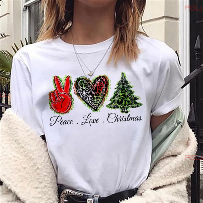 

T-shirt Manches Courtes Femme Blanc, Estival Et à La Mode, Avec Image De L'arbre De Noël Imprimé, Style Harajuku
