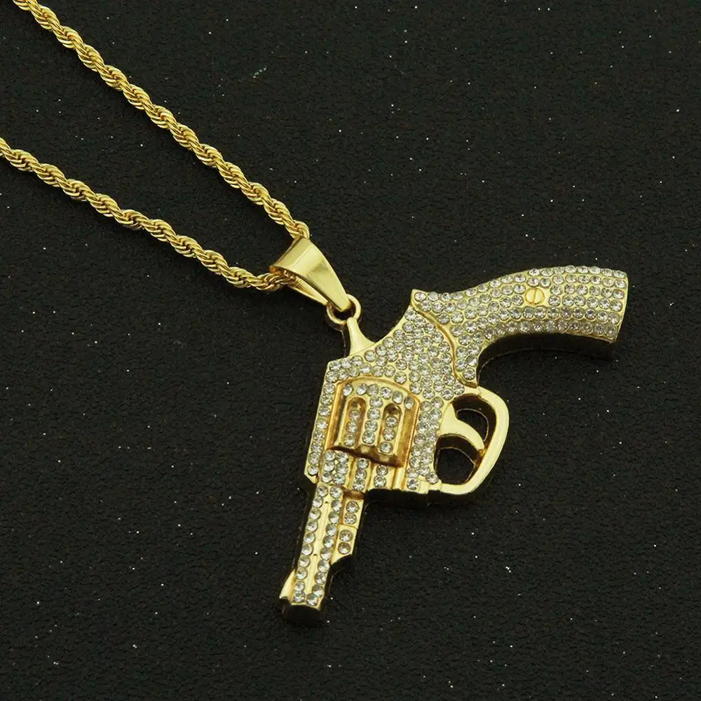Стразы в стиле хип хоп украшенные сверкающими золотыми револьверами кулоны с